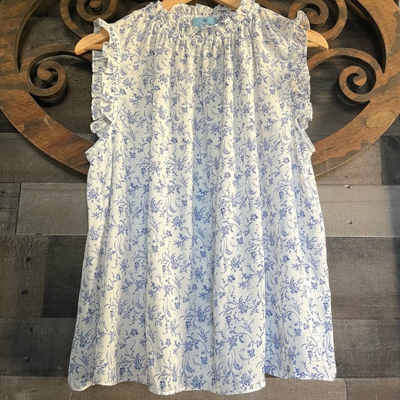 Floral Blouse L Ruffle Peasant Swing Top Cottagecore Sleeveless Tunic - Picture 4 of 16